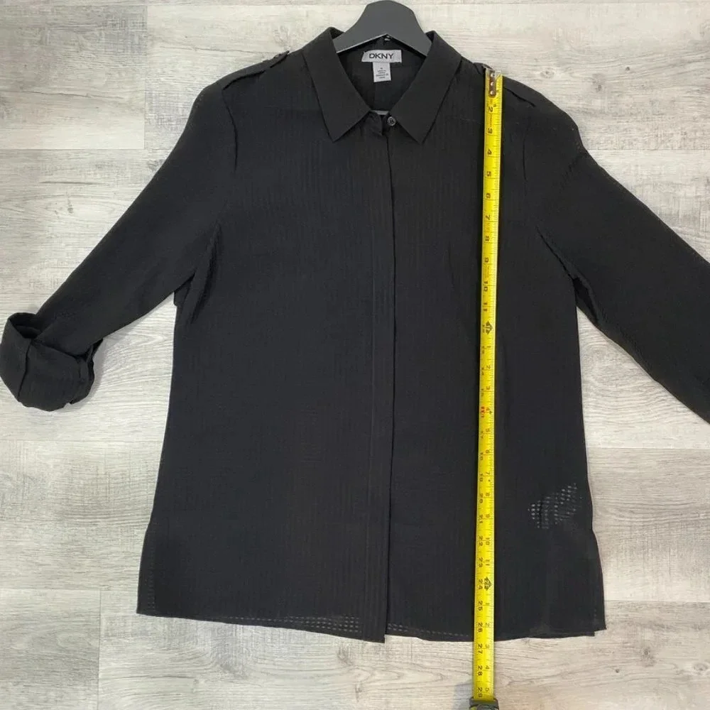 DKNY M Sheer Checkered Flowy Black Blouse with Collar Androgynous Sporty